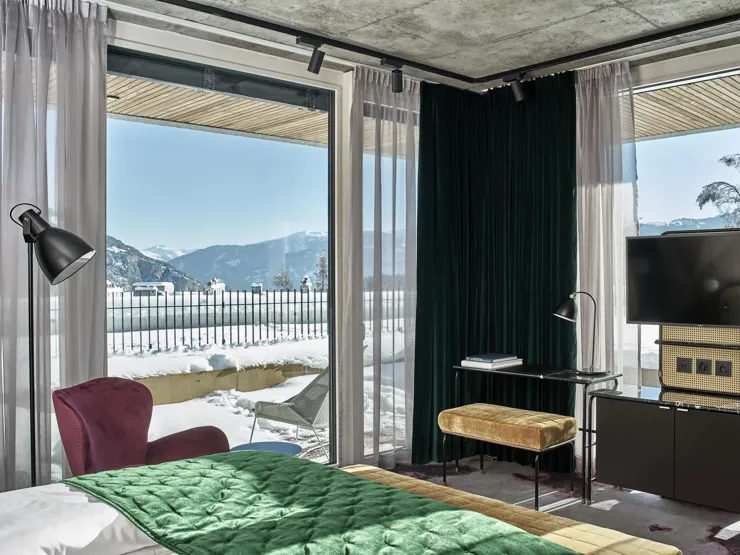 The Hide Hotel Flims Junior Suite Bedroom interior design details in Flims