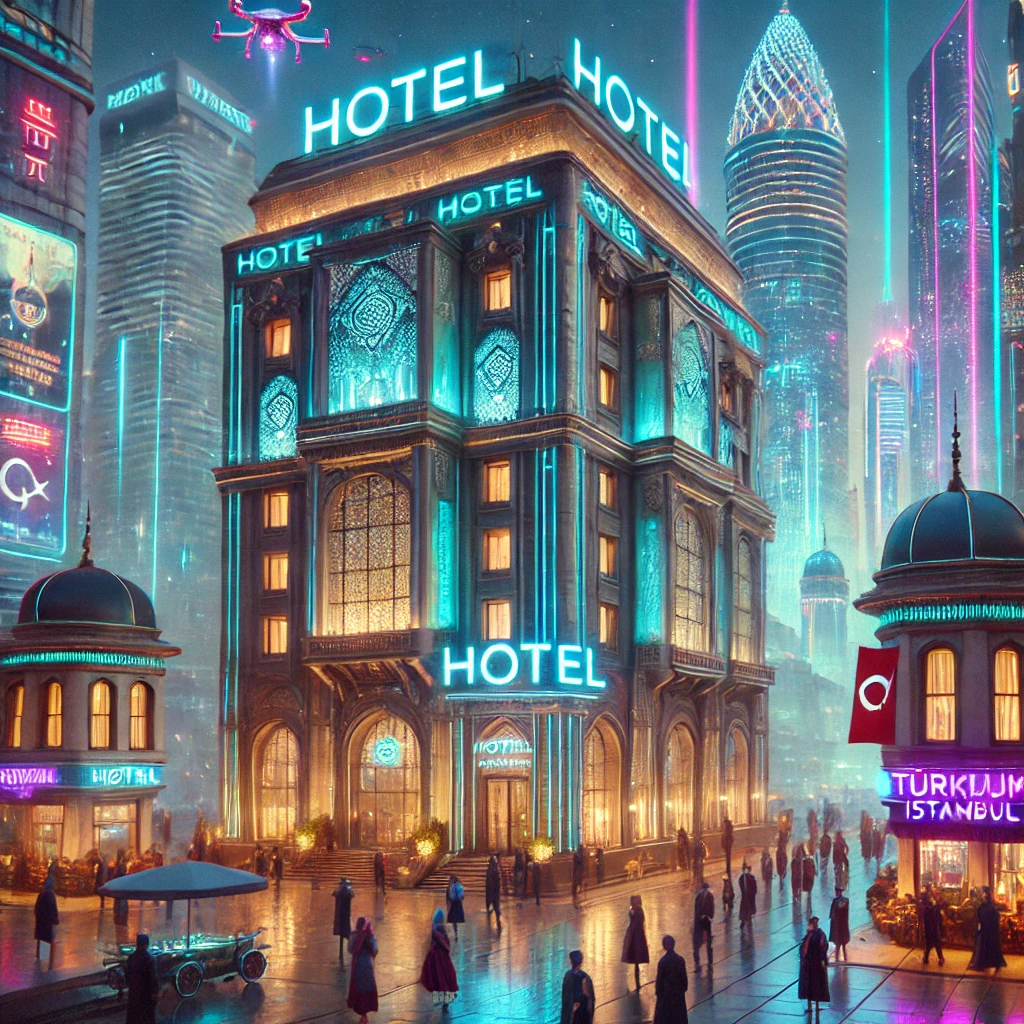 DALL·E 2024 10 28 16.48.10 A Luxurious Hotel In A Futuristic Cyberpunk Istanbul. The Scene Captures A Grand Hotel Building With A Sleek, Ultra Modern Design, Glowing Neon Lights