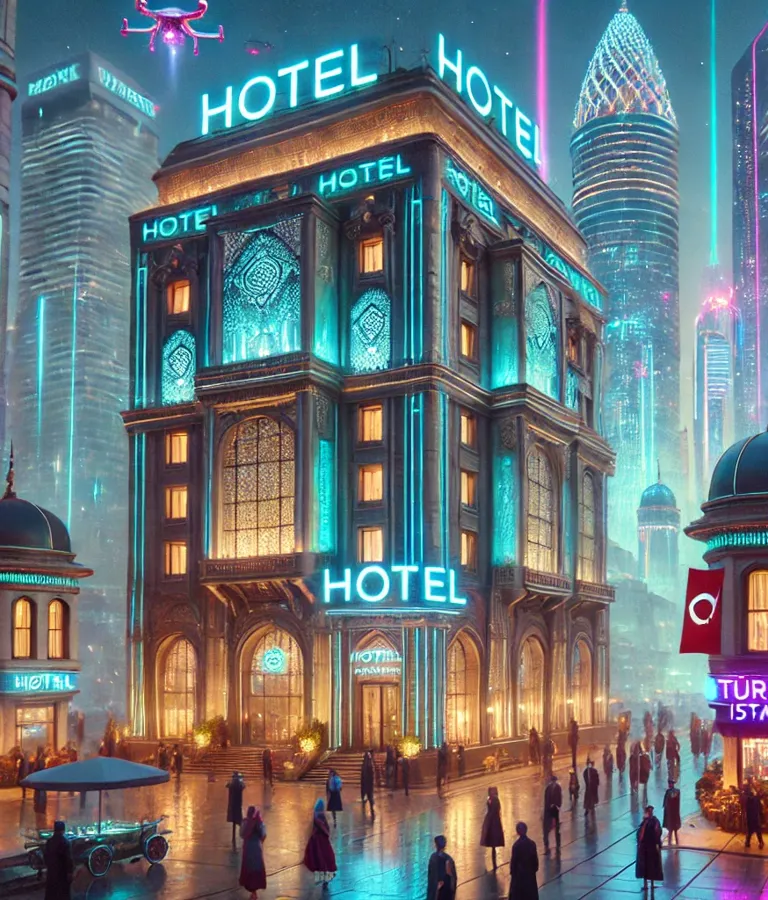 DALL·E 2024 10 28 16.48.10 A Luxurious Hotel In A Futuristic Cyberpunk Istanbul. The Scene Captures A Grand Hotel Building With A Sleek, Ultra Modern Design, Glowing Neon Lights